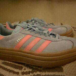 Adidas Women's Pink and Light Blue Platform Gazelles